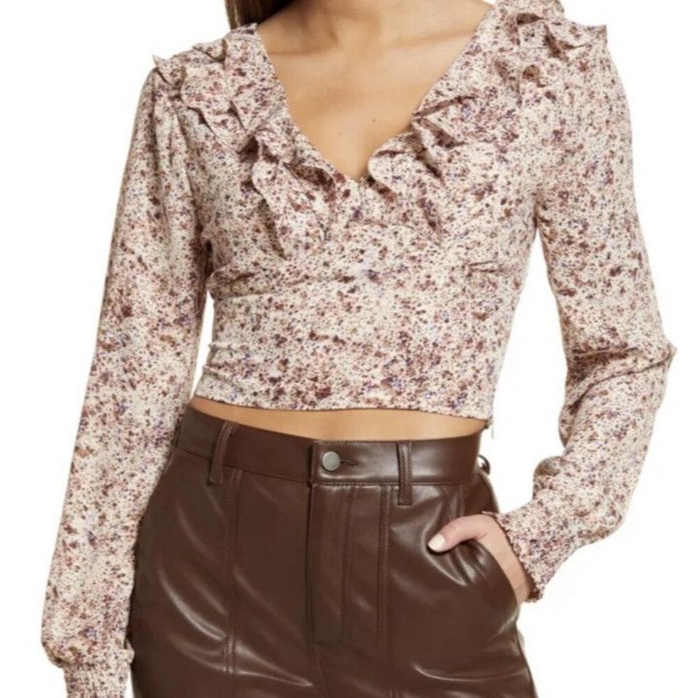 NWT Open Edit Ruffle V-Neck Crop Top "Ivory Multi Flower Fields" Womens Size XL